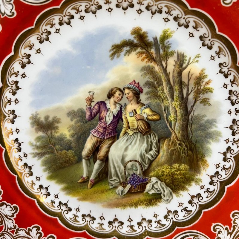 Коллекционная Тарелка 1851г c галантной сценой по мотивам Ватто из десертного сервиза Rigway 
