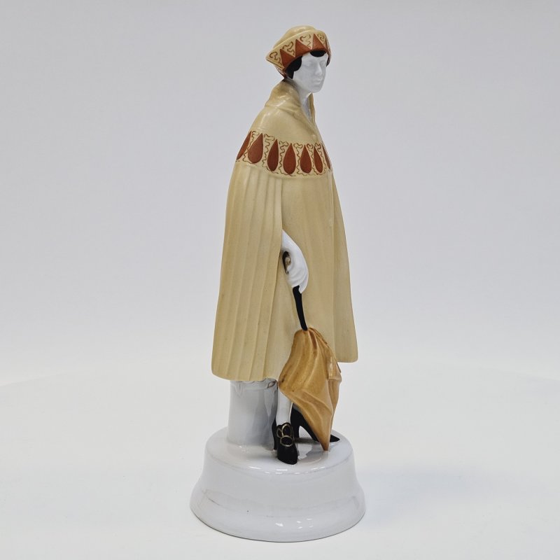 Фарфоровая статуэтка модной дамы в дождевике с зонтом Fraureuth стиль Артдеко 1920 гг