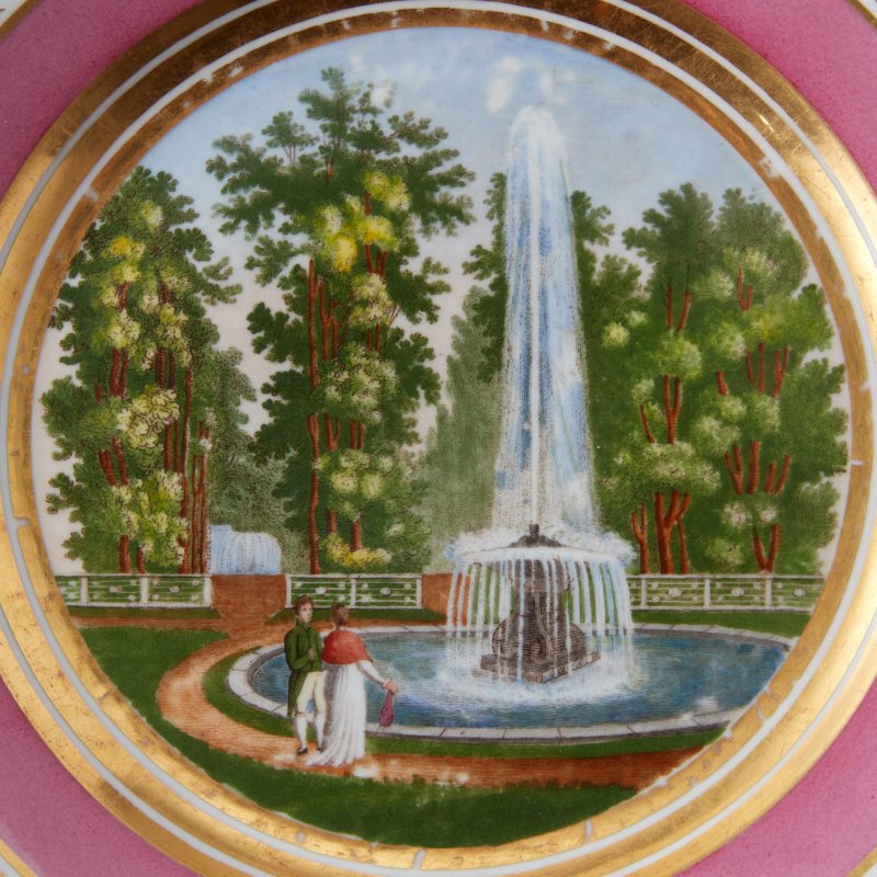 Старинная тарелка Вид фонтана в Петергофе, АI