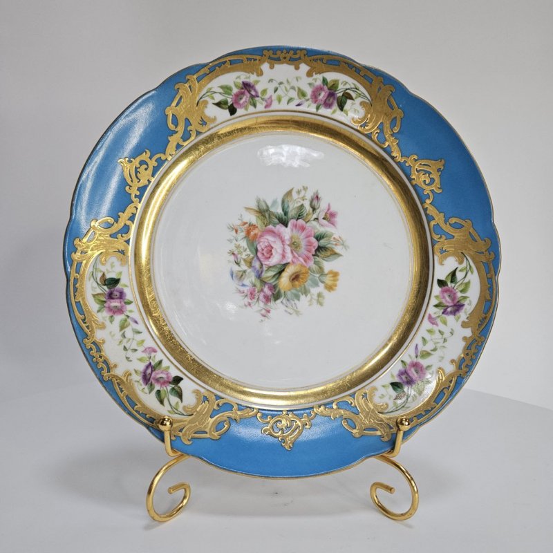 Антикварная тарелка ИФЗ период Александр II с бирюзово-голубым бортом и росписью