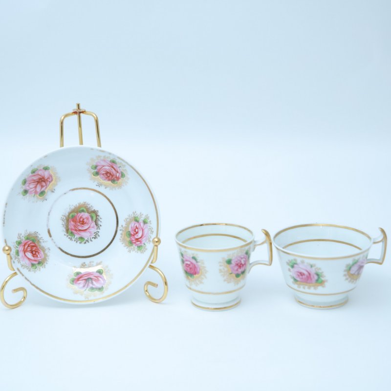 Старинное чайное трио с розами ручной работы 