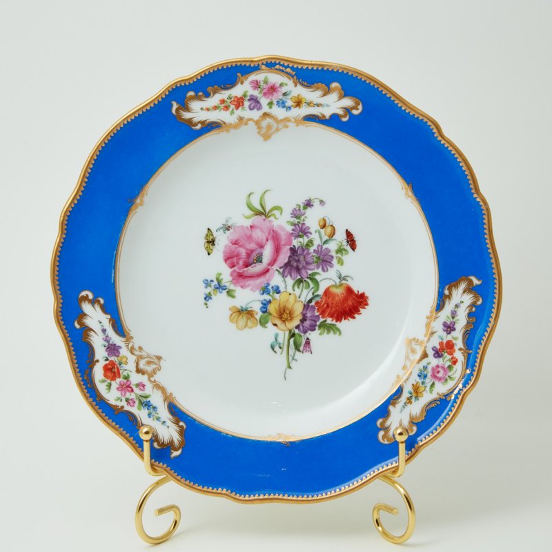 Тарелка роспись цветы синий борт Мейссен