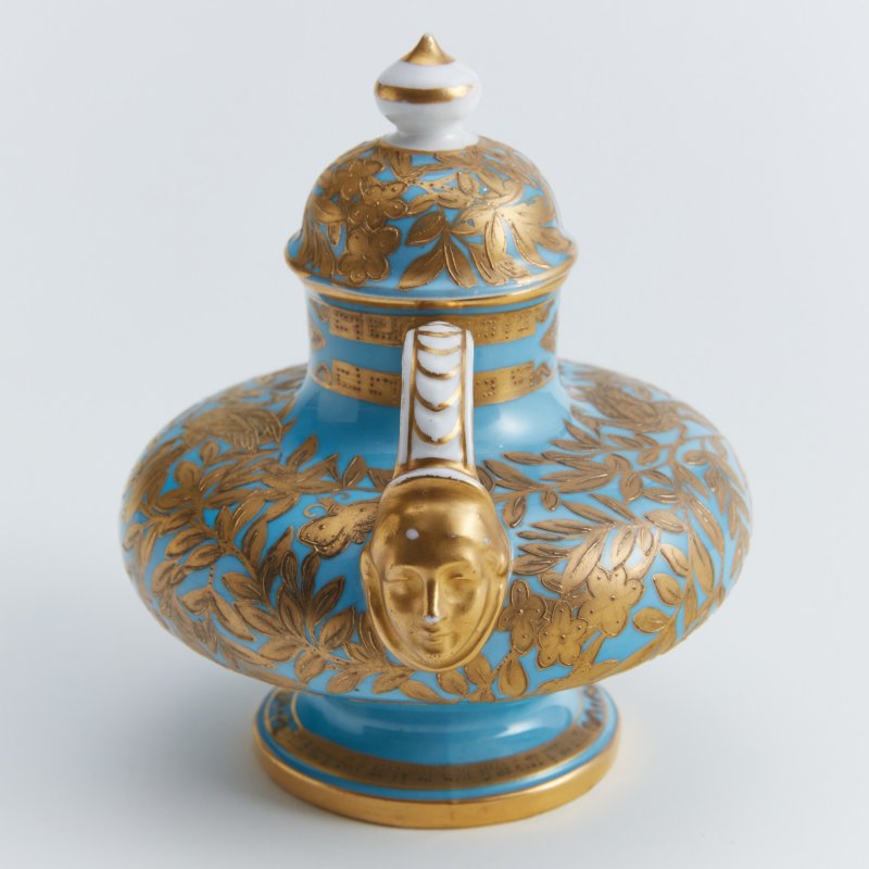 Антикварная ваза с крышкой Бирюзовое крытье роспись золотом