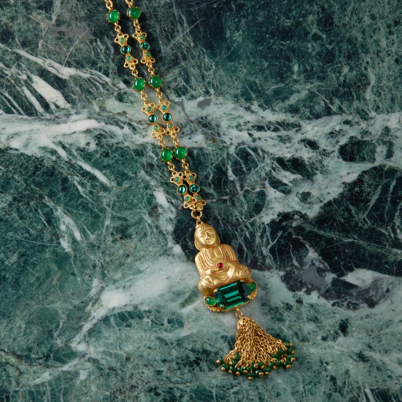 Винтажное ожерелье Будда с зелеными камнями ручной работы