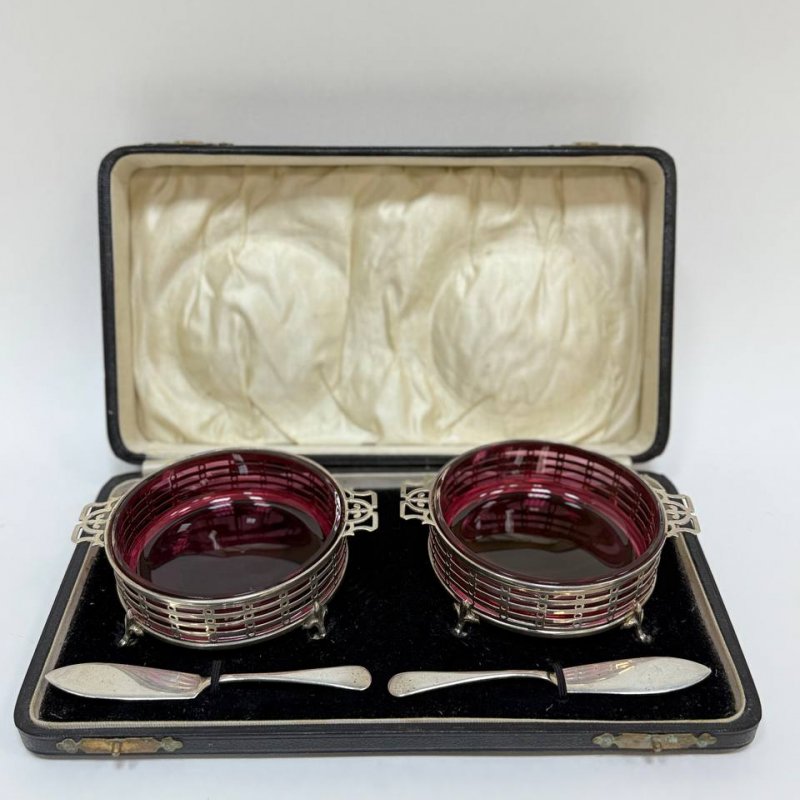 Пара серебряных масленок с стеклянными  вставками