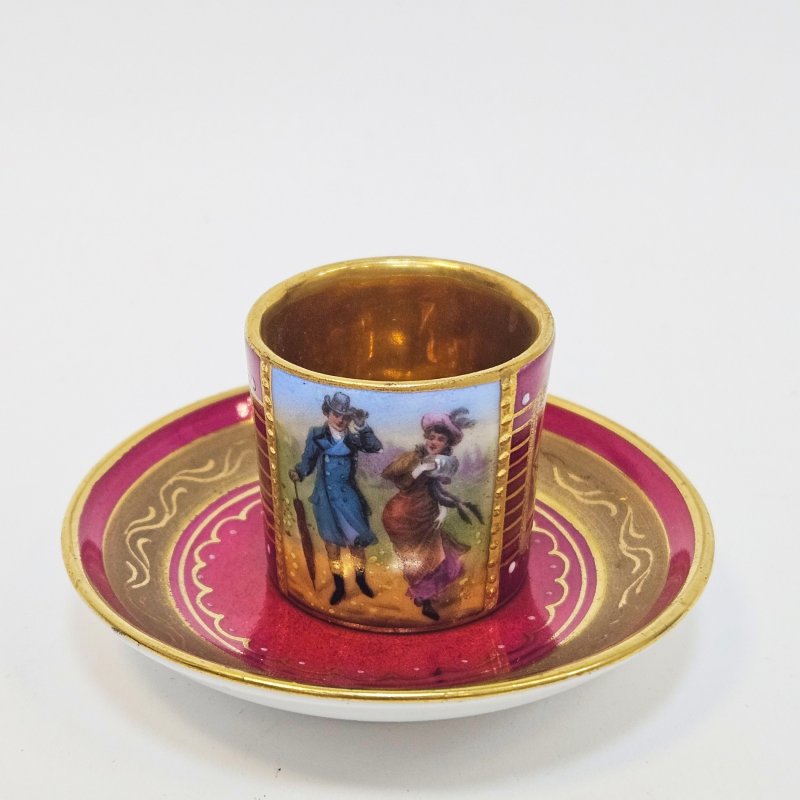 Чашка для кофе с блюдцем Стиль Роял Вена 1900гг надглазурная полихромная роспись золочение