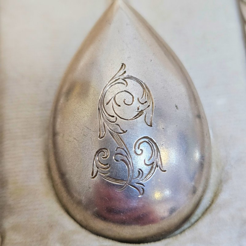 Набор старинных серебряных ложек для чая, в антикварном кофре, 84 пр. пробирный мастер МС