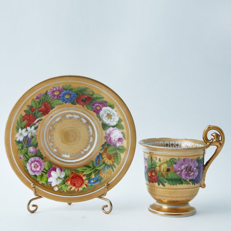 Darte Freres. Старинная чайная пара с ручной росписью в стиле ампир 