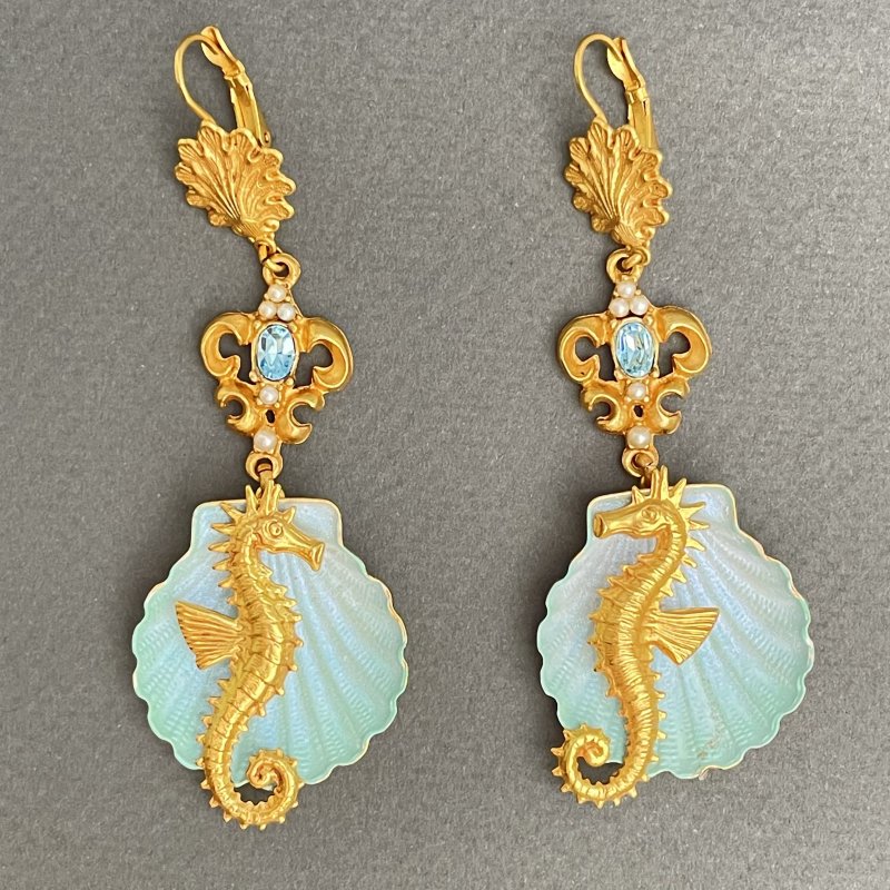  Коллекционные винтажные серьги Морские коньки и раковины с кабошонами