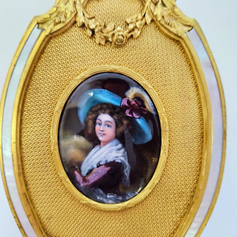 Ручное зеркало Натуральный перламутр латунь с золочением ручная роспись эмаль Лимож Франция