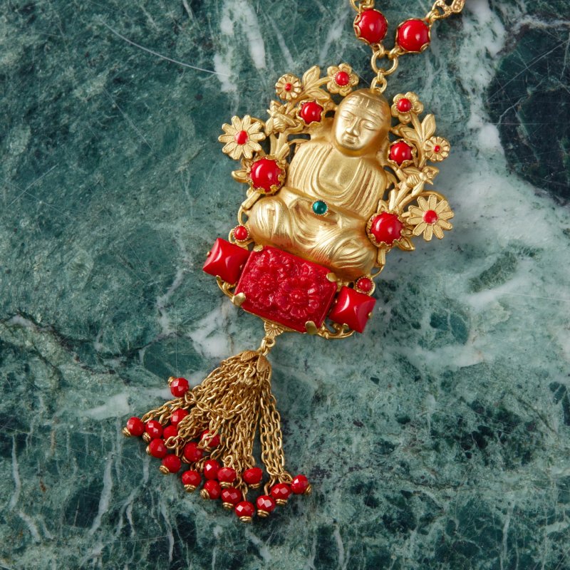 Винтажное ожерелье Будда с красными камнями ручной работы