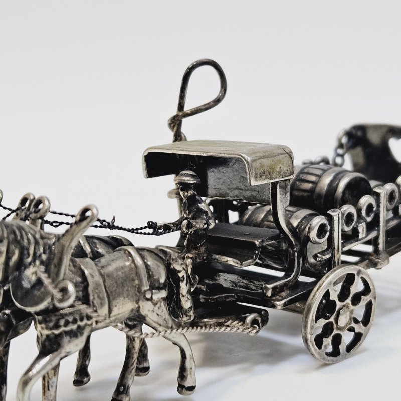 Повозка с бочками бочки 2 лошадки серебро Европа 20 век