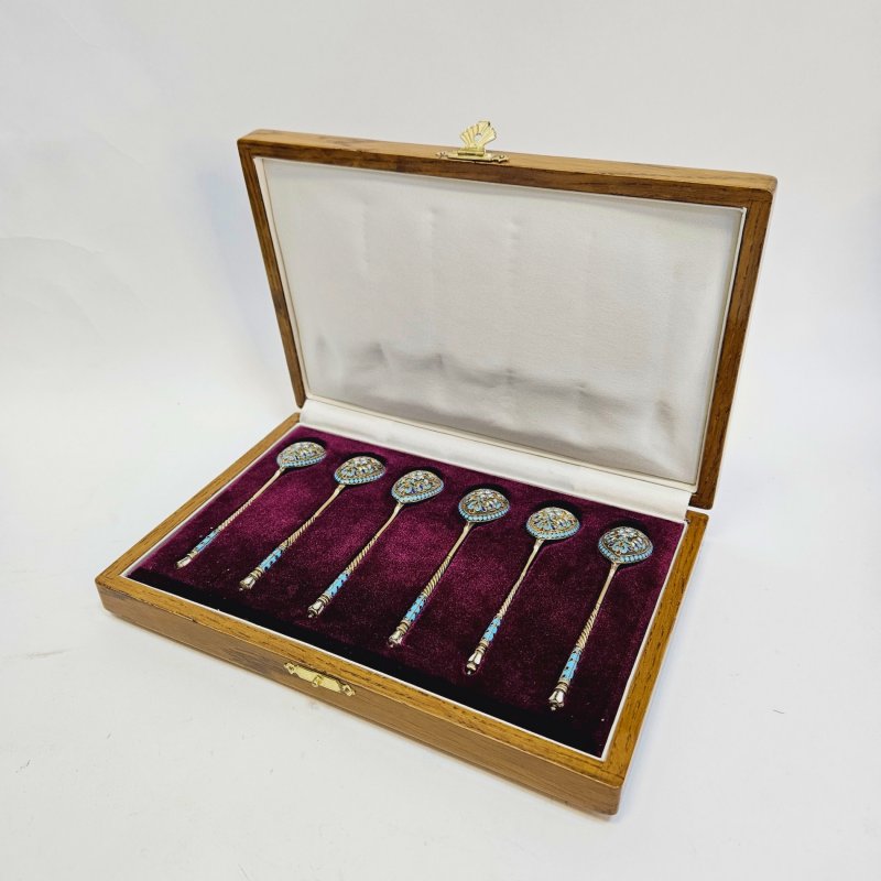 Набор 6 ложек серебро 84 в технике перегородчатой эмали 1899-1908гг Клеймо ИГТ