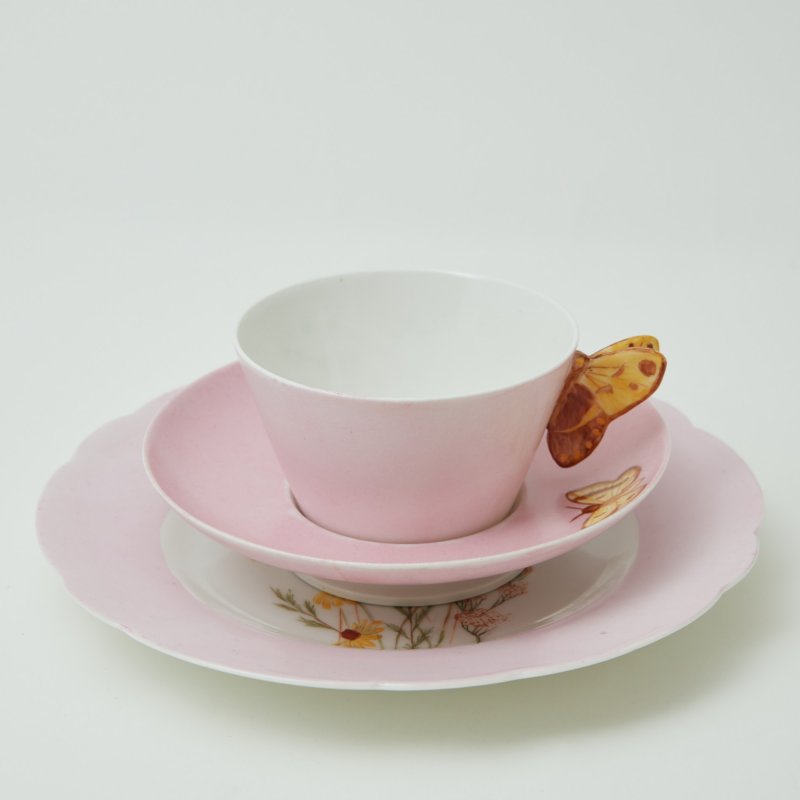 Чайное трио Haviland розовое с ручкой бабочкой