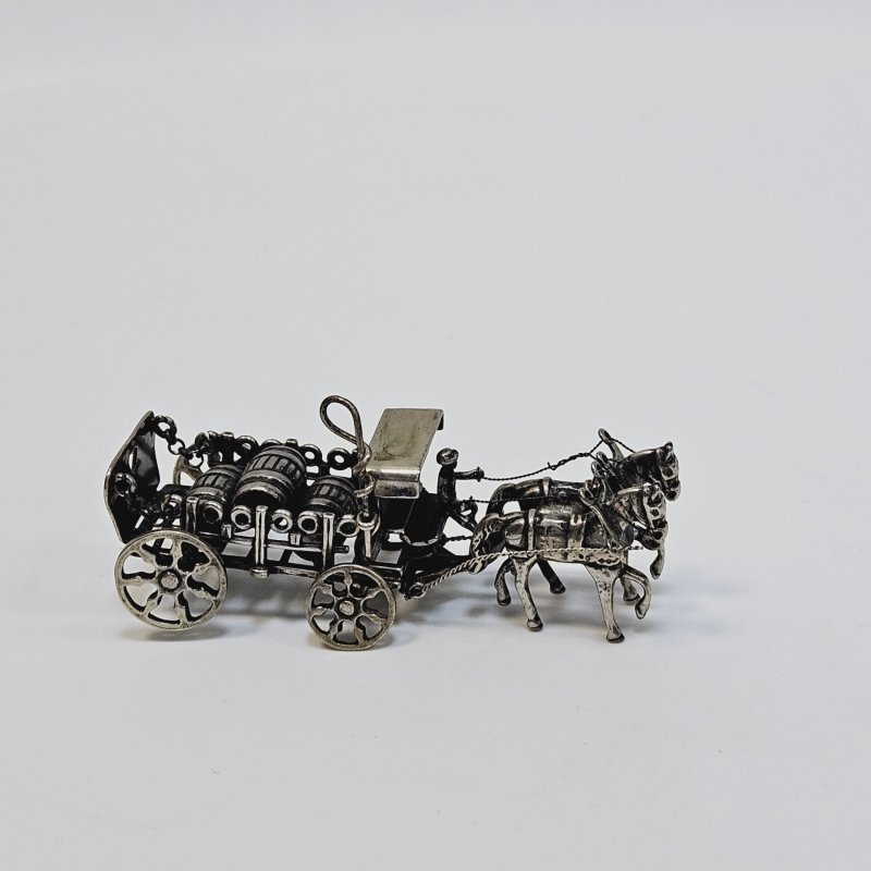 Повозка с бочками бочки 2 лошадки серебро Европа 20 век