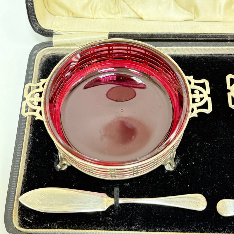 Пара серебряных масленок с стеклянными  вставками