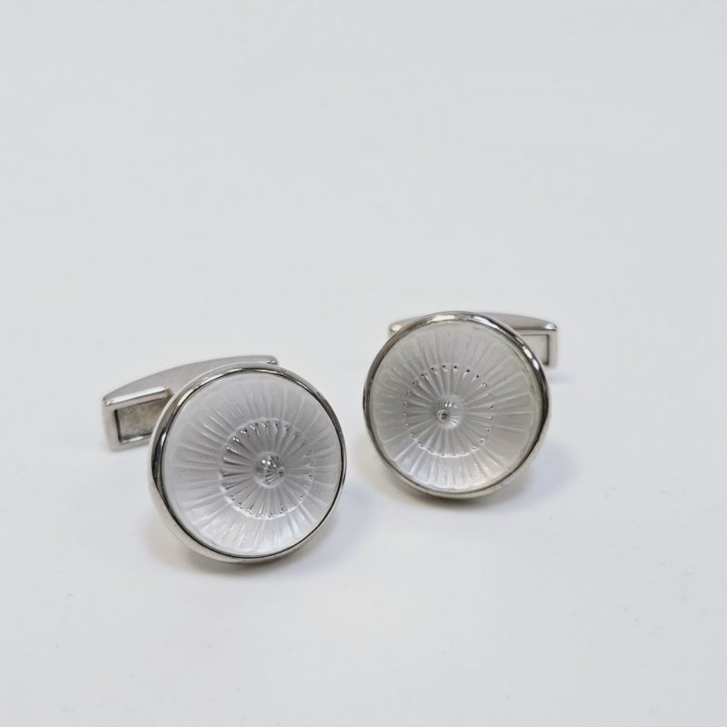 Запонки Lalique палладий круглые ракушка прозрачные