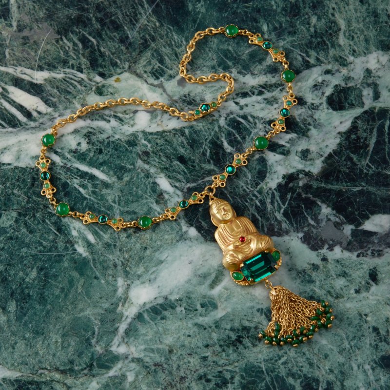 Винтажное ожерелье Будда с зелеными камнями ручной работы