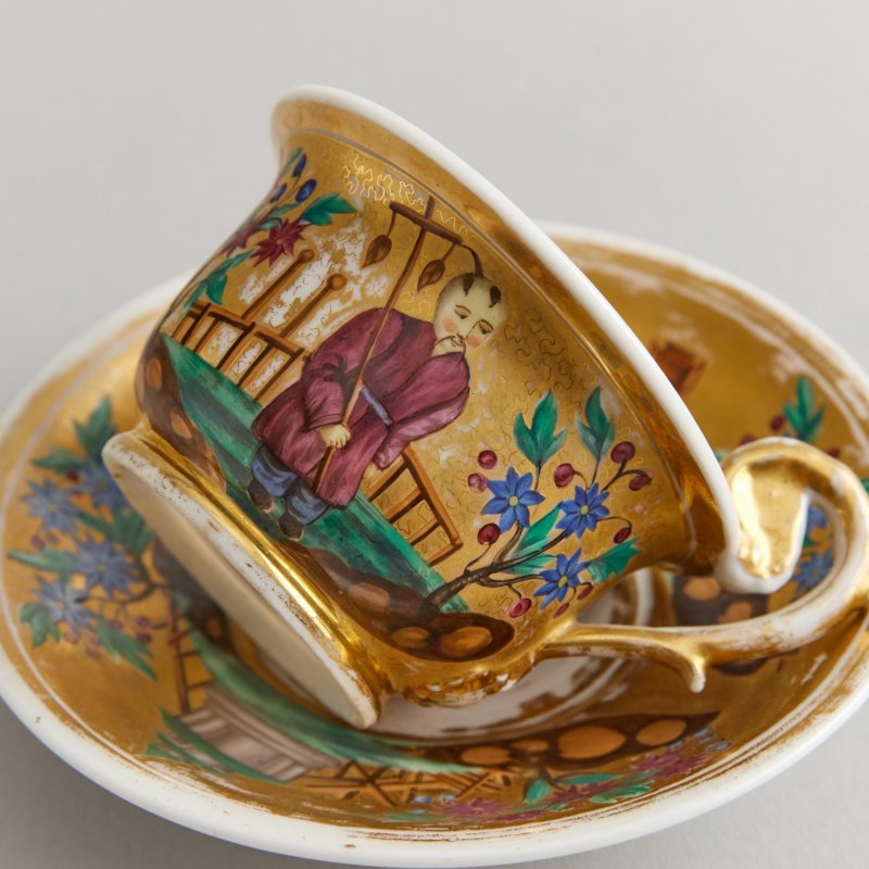 Завод Ф.С. Батенина. Коллекционная старинная чашка с блюдцем в стиле «шинуазри»