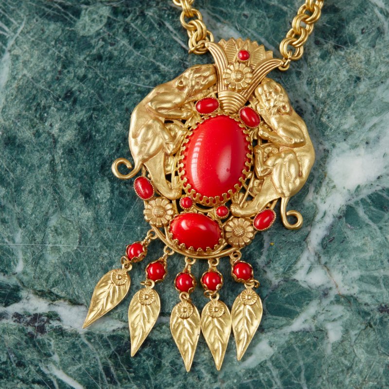 Винтажное ожерелье Пантеры с красными камнями ручной работы