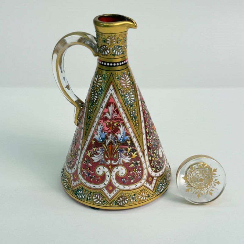 Старинный графин - круэт Moser из клюквенного стекла с эмалями 